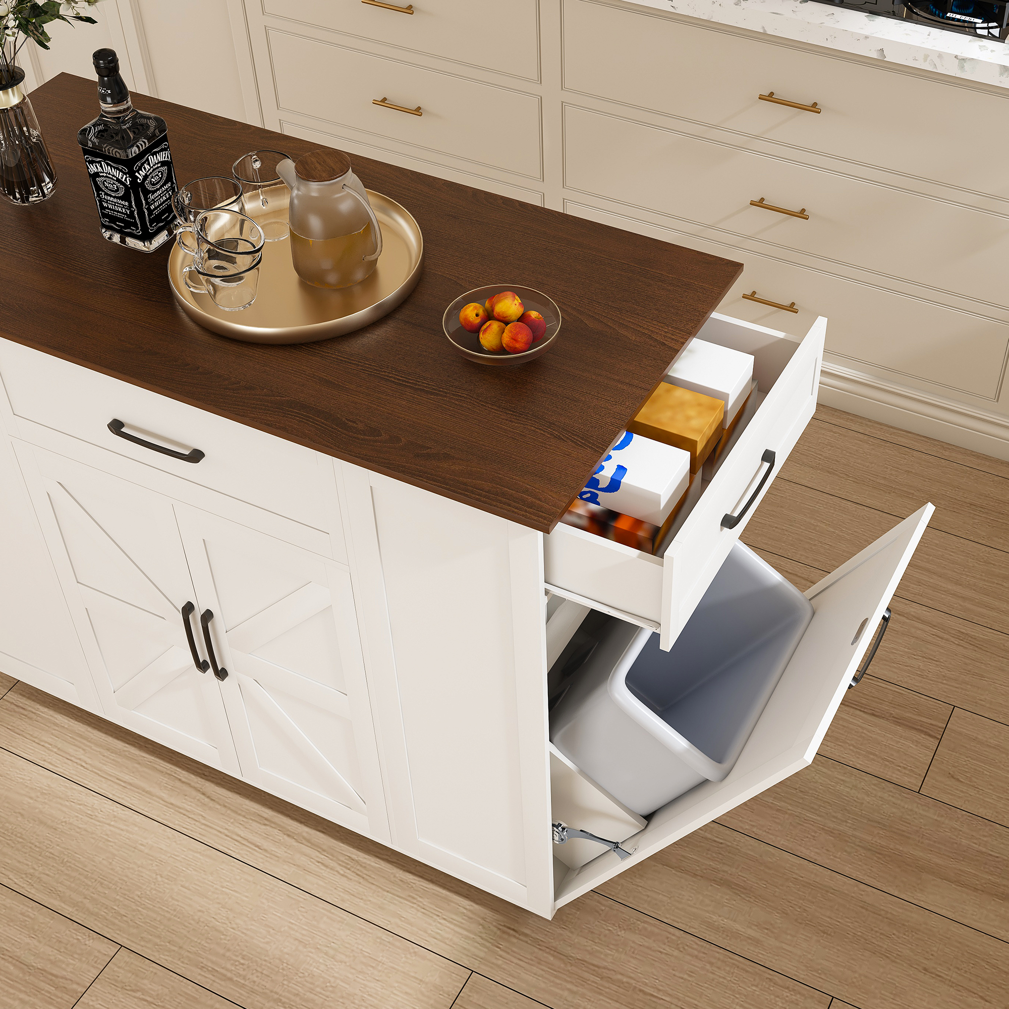 39F Inc. - Wholesale Kitchen Storage/Organizer - 46in Rustic Movable Kitchen Island - White MDF, Wood Top2