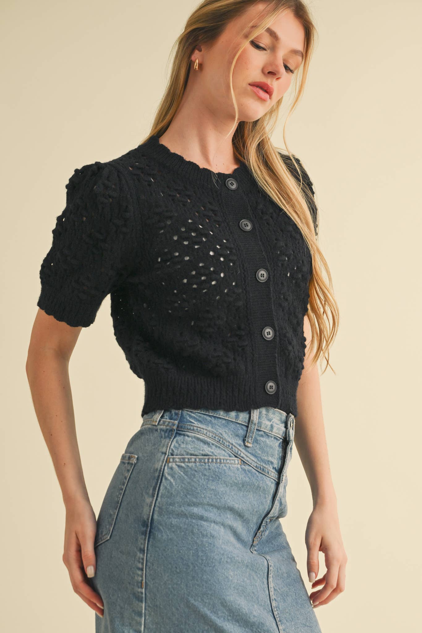 &MERCI - Wholesale Cardigan - Women's - CROPPED POINTELLE BUTTON DOWN SWEATER CARDIGAN MSW1085746