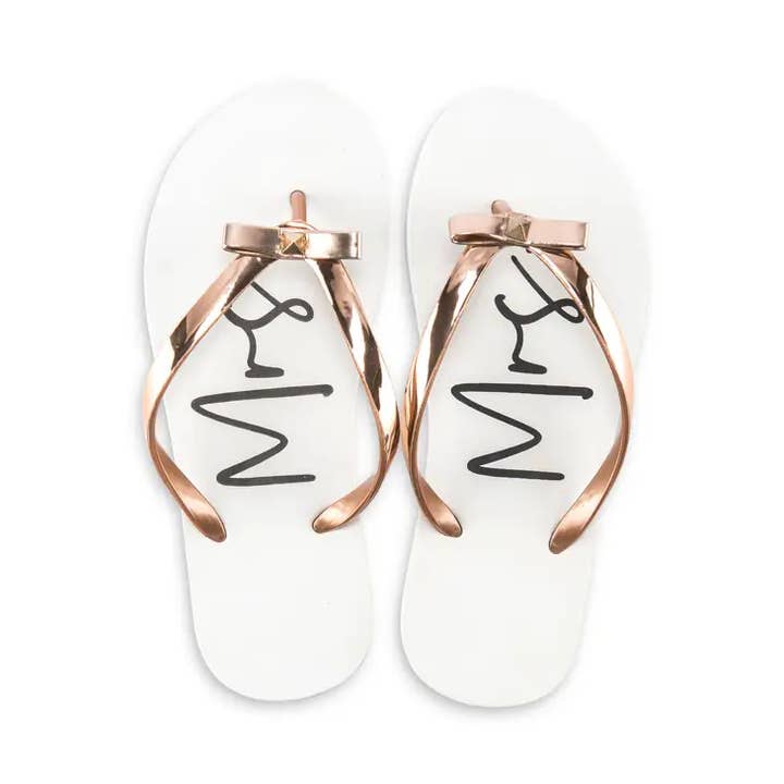 Weddingstar Inc. - Wholesale Flip Flops - Women's - Women’s White & Rose Gold Flip-Flops With Bow - Mrs.