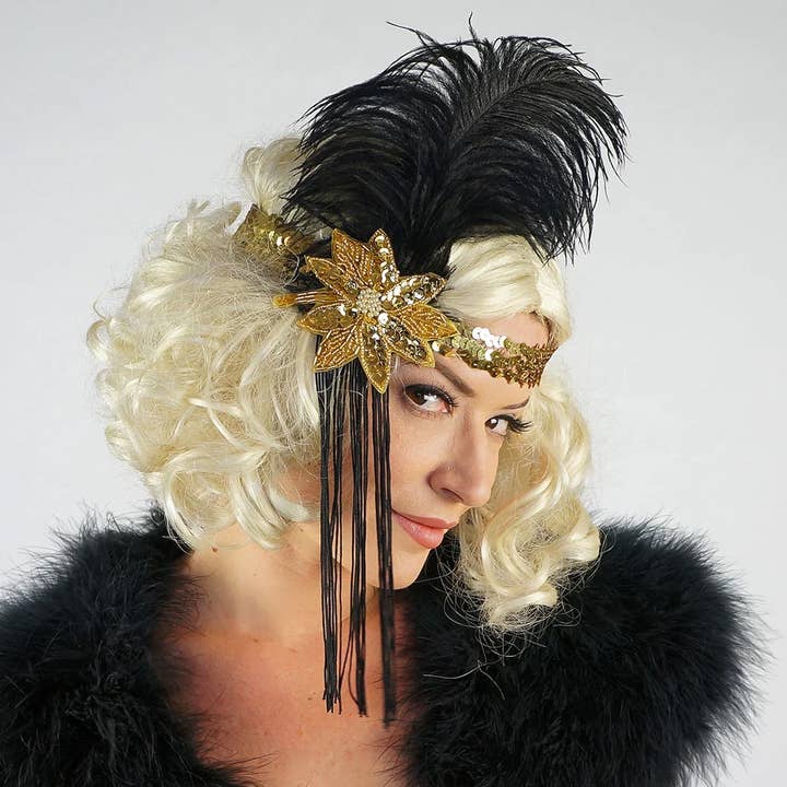 Zucker Feather Products - Wholesale Fashion Headband - Women's - Flapper Feather Headband w/Tassel - Gold and Black3