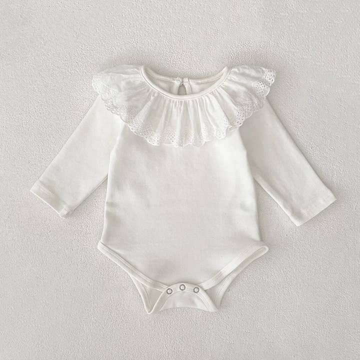 Autumn Arrival Baby Girls Long Sleeves Solid Color White Onesies with Hollow-out Collar for wholesale on Faire4