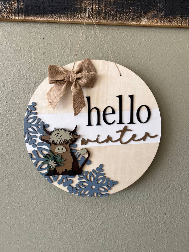 Sign, Highland Cow Hello Winter Porta Cabide, artesanato de bricolage por atacado de Rustic Home Co LLC