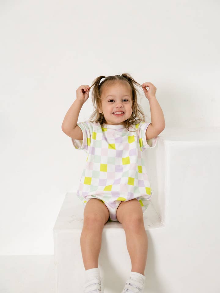 multi-checkered bubble romper for wholesale by Bianca & Bear