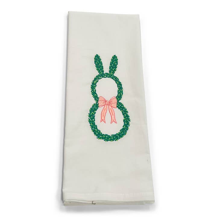 Serviette - Forme de lapin en topiaire avec nœud rose sur fond blanc pour la vente par Vibrantly Blue