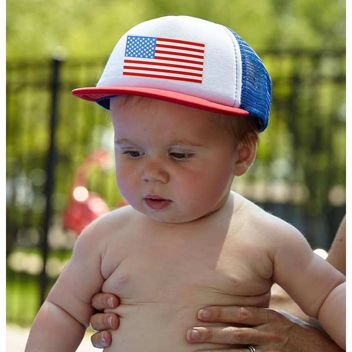 Funky Junque - Wholesale Kids Hat - Kids - Flat Brim Trucker Hat - American Flag - Red/White/Blue