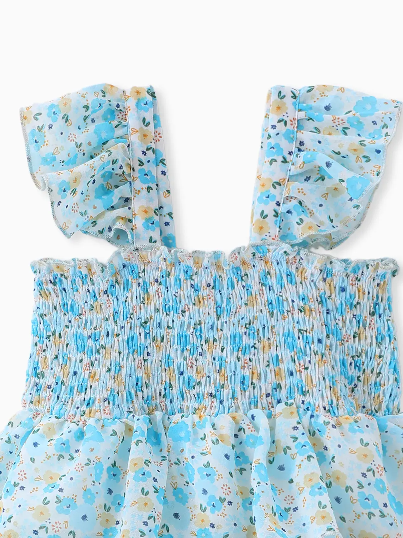 Blå Småbarnsflicka Söt Blommig Smockad Volangärmlös Klänning för wholesale på Faire2