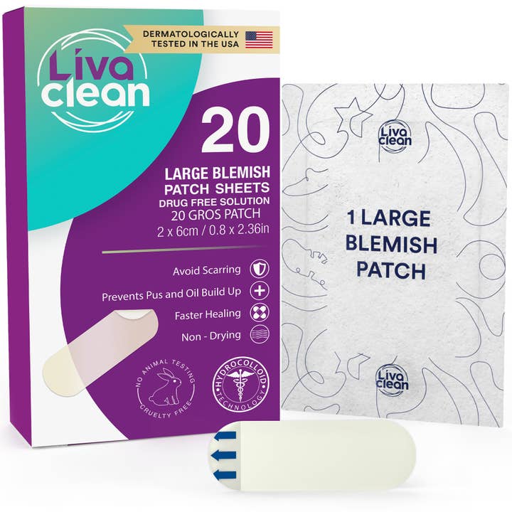 20 pansements hydrocolloïdes anti-acné LivaClean grande taille pour la vente par Livaclean