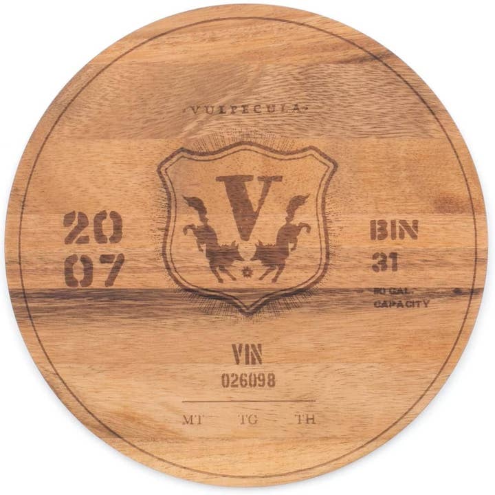 Fox Run Brands - Venta al por mayor Tablas de cortar - Tablero circular de madera de hierro, grabado en barril de vino, 9 x 9 pulgadas
