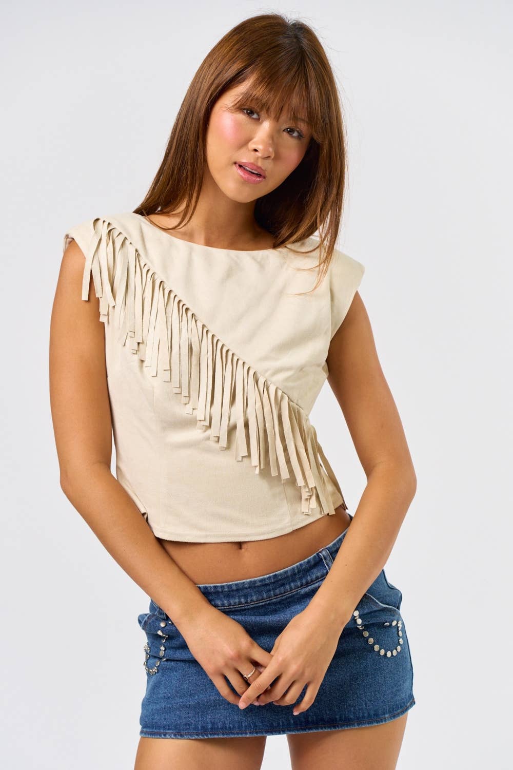 Blue Blush - Wholesale Blouse - Women's - Suede Fringe Detail Top3