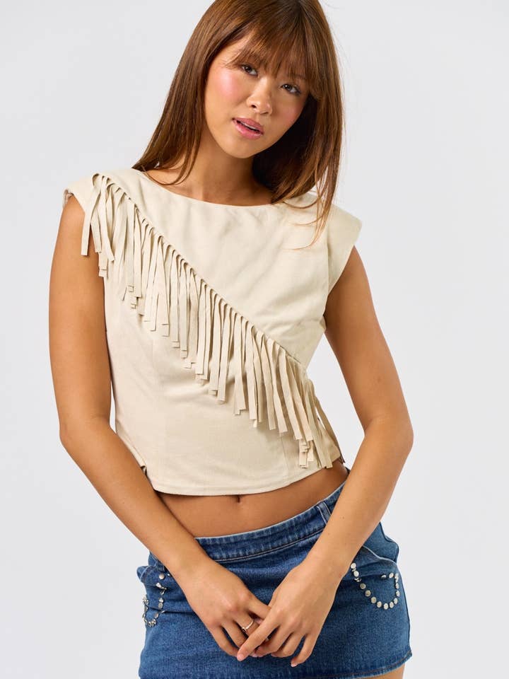 Blue Blush - Wholesale Blouse - Women's - Suede Fringe Detail Top3