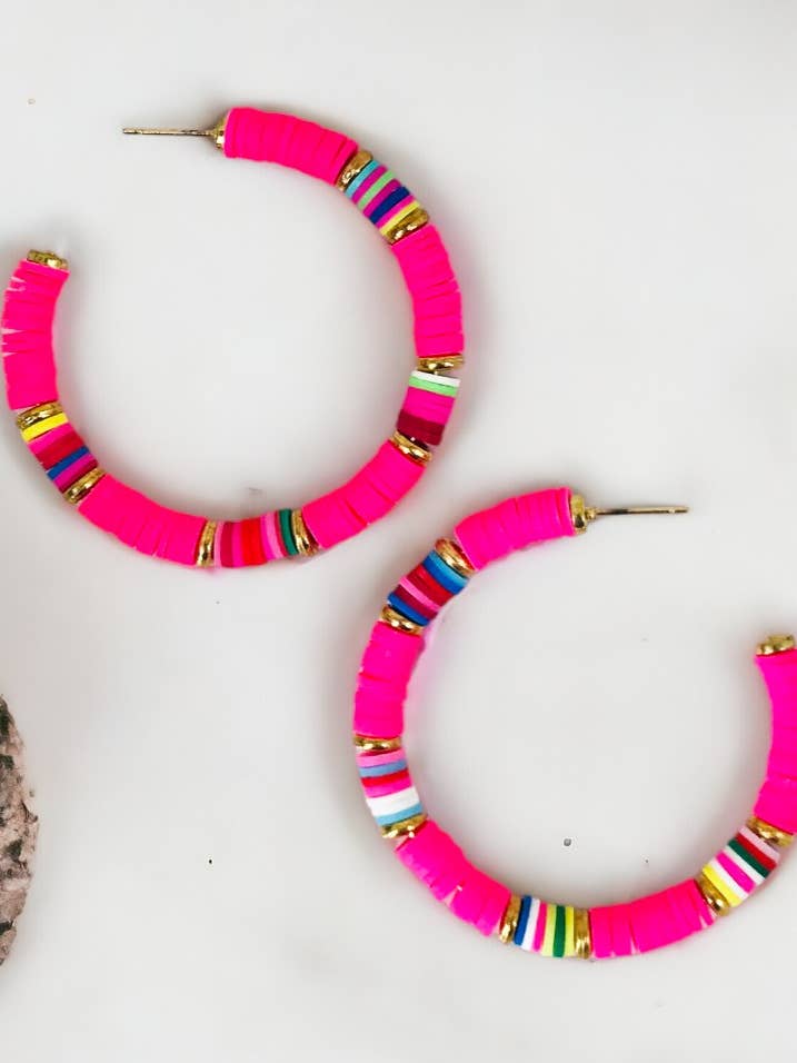 Pink Rainbow Heishi Bead Open Hoop Earrings for wholesale by Magnolia & Peach Jewelry Boutique, LLC