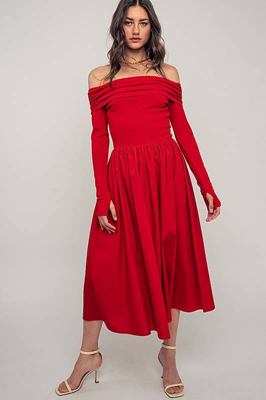 Urban Daizy - Wholesale Dress - Women's - Elegant Off Shoulder Ruched Long Sleeve Spring Midi Dress9