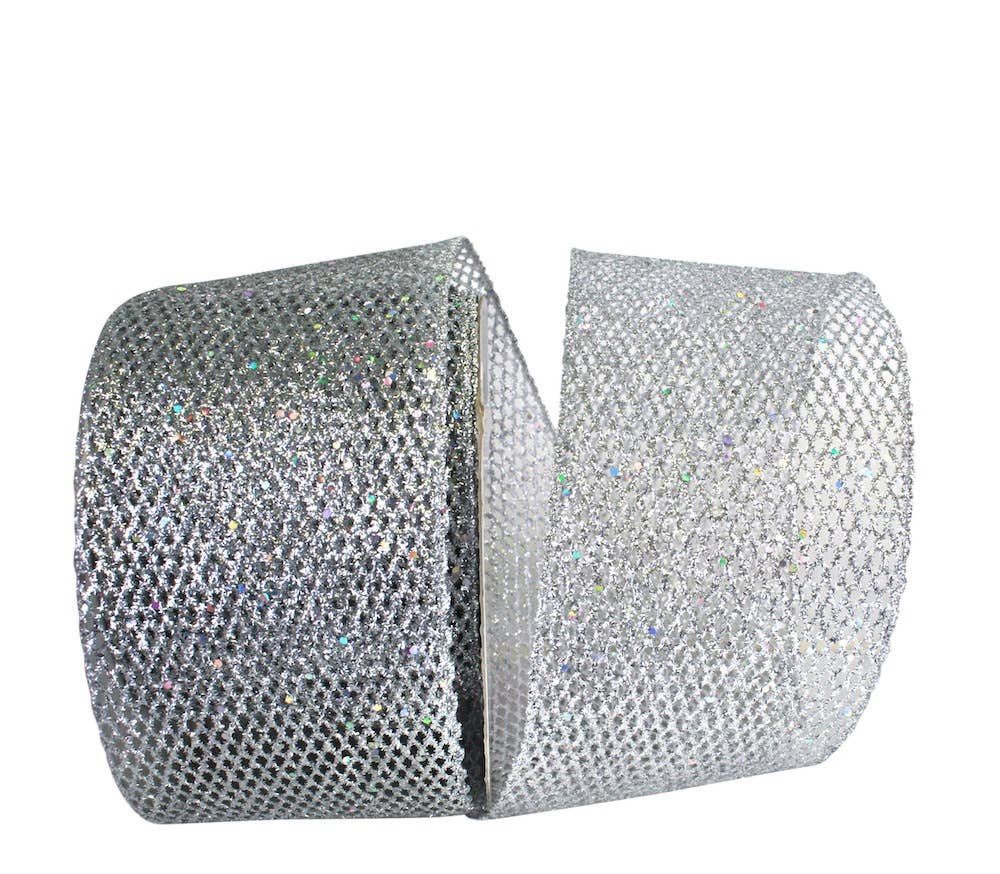 RELIANT RIBBON - Wholesale Ribbon - Gift Wrapping - 4 inch Grand Net Glitter Wired Edge - Silver 070