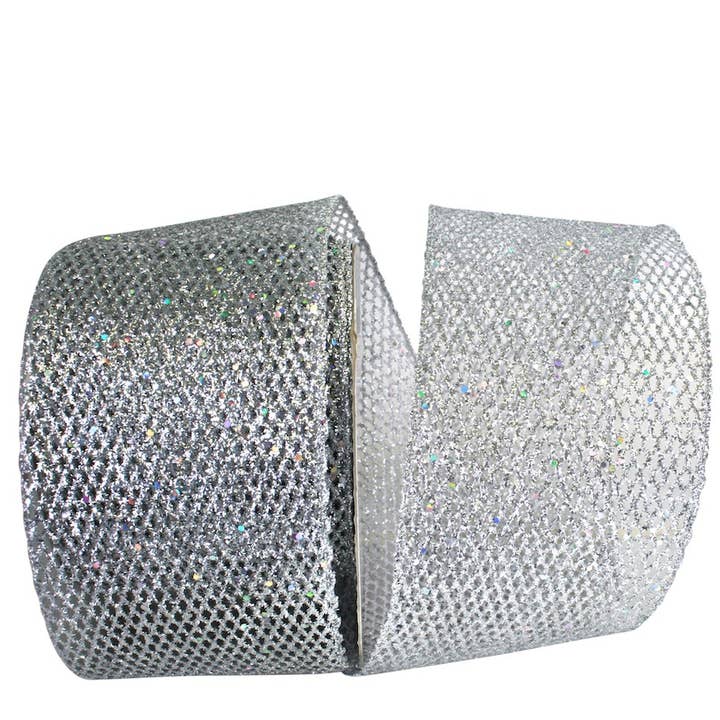 RELIANT RIBBON - Wholesale Ribbon - Gift Wrapping - 4 inch Grand Net Glitter Wired Edge - Silver 0700