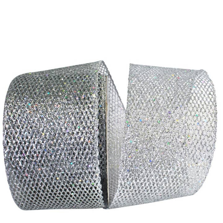 RELIANT RIBBON - Wholesale Ribbon - Gift Wrapping - 4 inch Grand Net Glitter Wired Edge - Silver 070