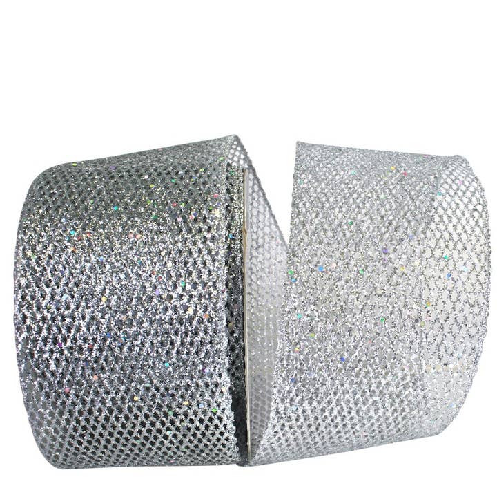 RELIANT RIBBON - Wholesale Ribbon - Gift Wrapping - 4 inch Grand Net Glitter Wired Edge - Silver 0700