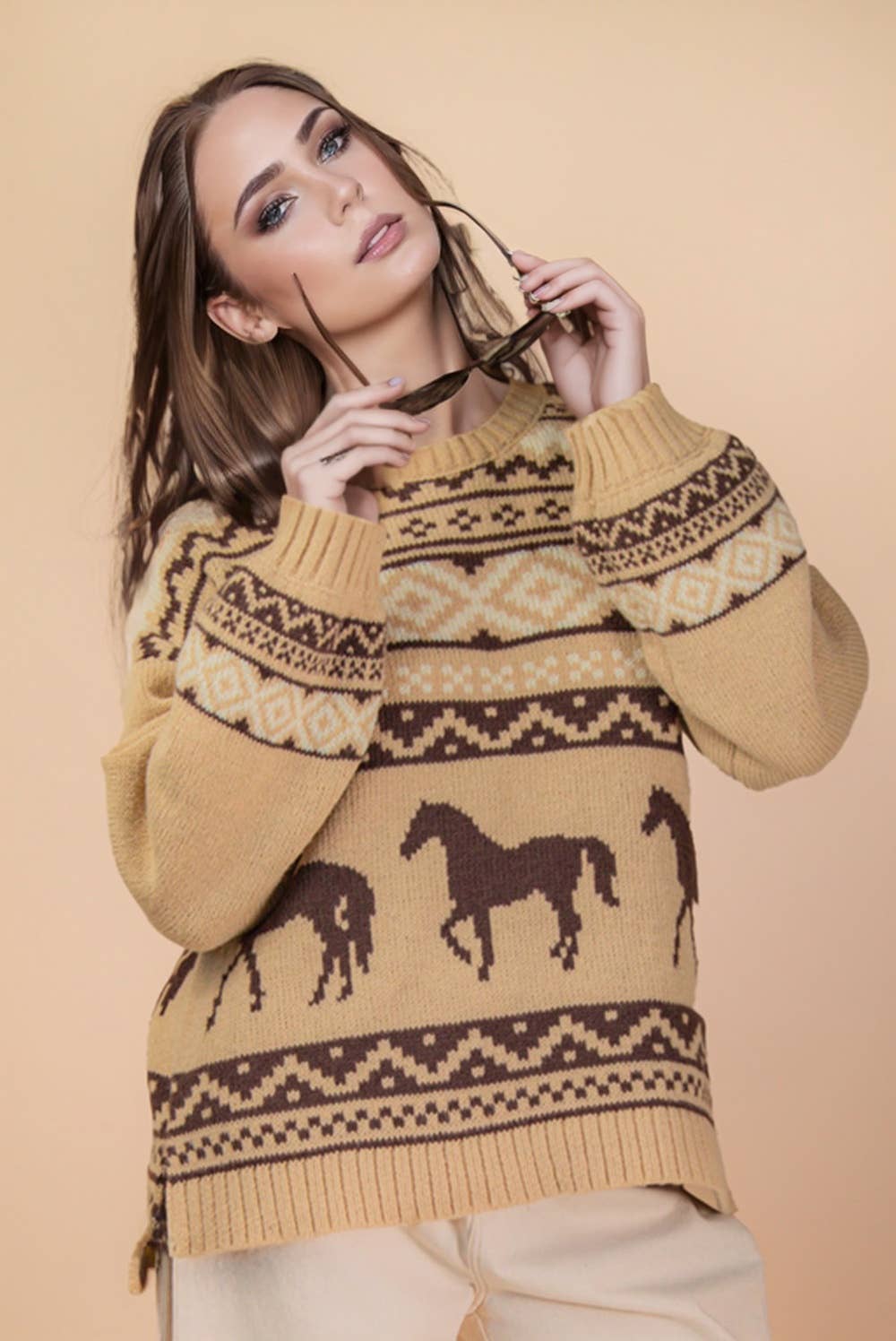 VERY J - Wholesale Knit Sweater - Women's - 12W3543N-Western Graphic Oversized Knit Sweater Top0