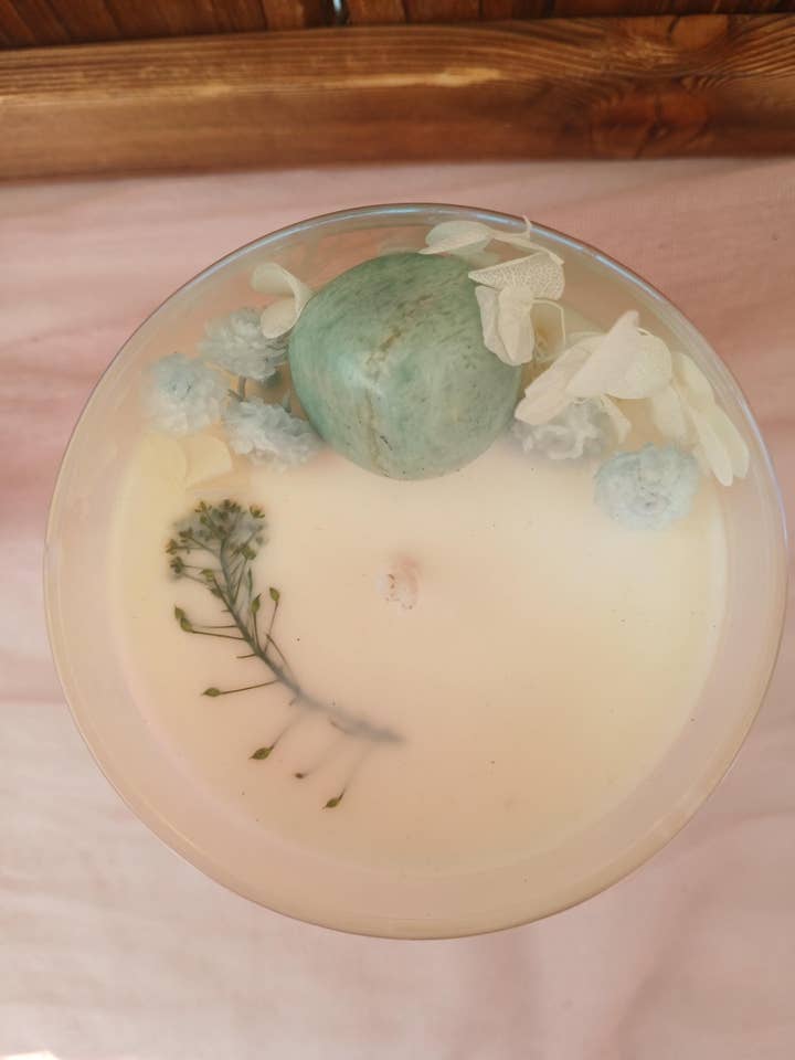 Divine Timing Amazonite Crystal Intention Candle for wholesale by moon and mantras