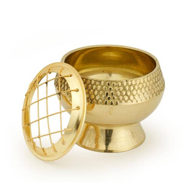 Prabhuji's Gifts - Wholesale Incense Holder - Burner - Embossed Brass Burner, Medium Base, Net Top 2.25"Hx2.5"D1