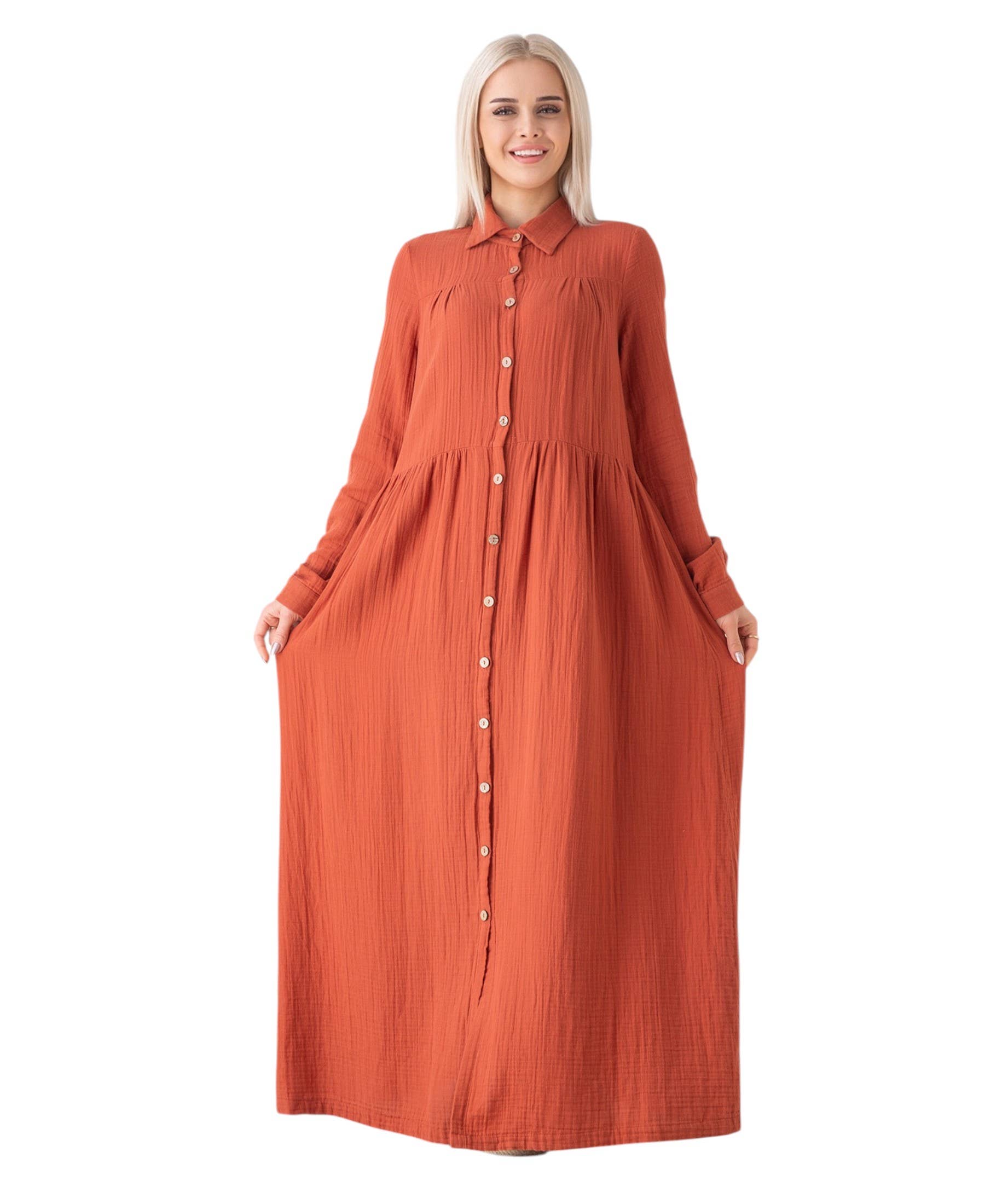WENOR - Vente Robe – femme - Robe d'été longue en mousseline 100 % coton avec patte de boutonnage, 145 cm25