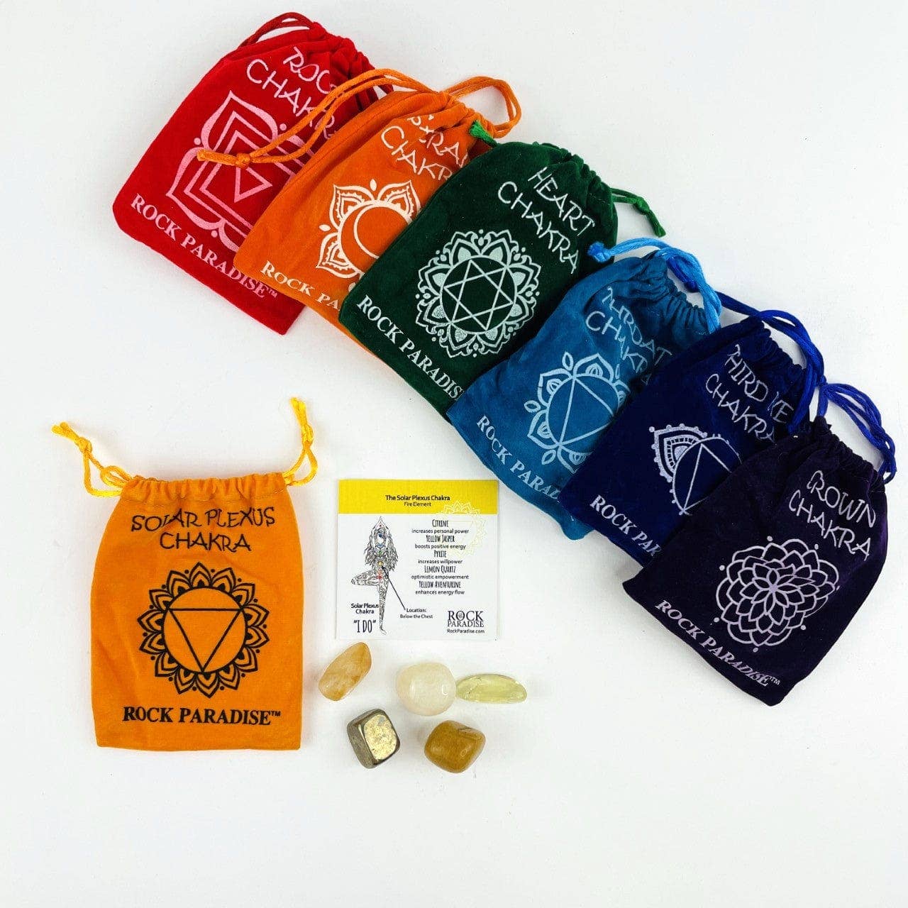 Rock Paradise - Wholesale Spiritual Stone/Crystal - Crystal Chakra Plush Pouch with Info Card & Tumbled Stones14