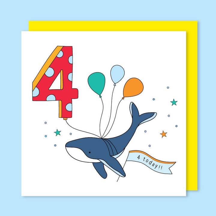 Whale Themed Children's Birthday Card Age 4 for wholesale by t'art designs