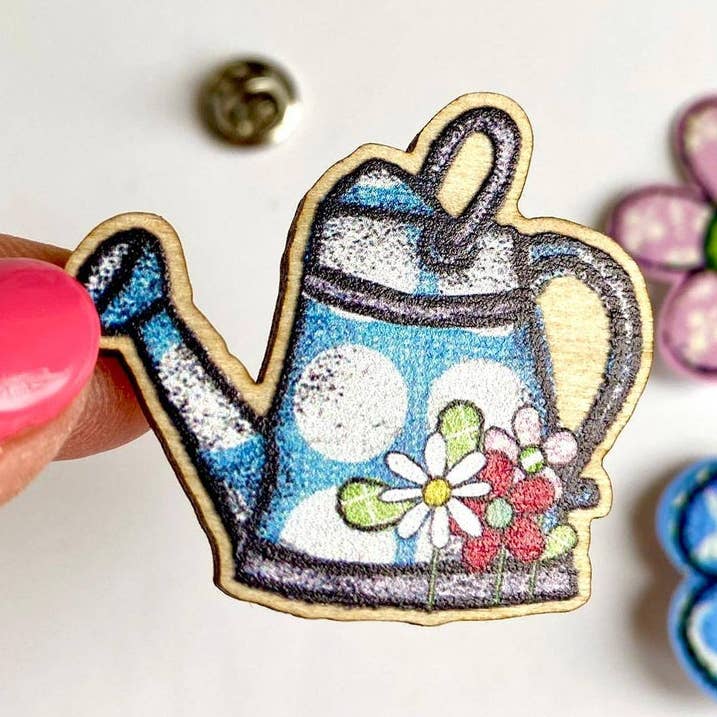 Flossy Teacake - Wholesale Brooch - Watering Can Wooden Pin Badge0