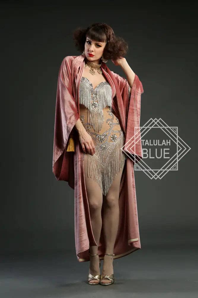 Talulah Blue - Wholesale Dress - Women's - 1920s Blush Velvet Great Gatsby Dress - Floor length flapper Cocoon Robe6
