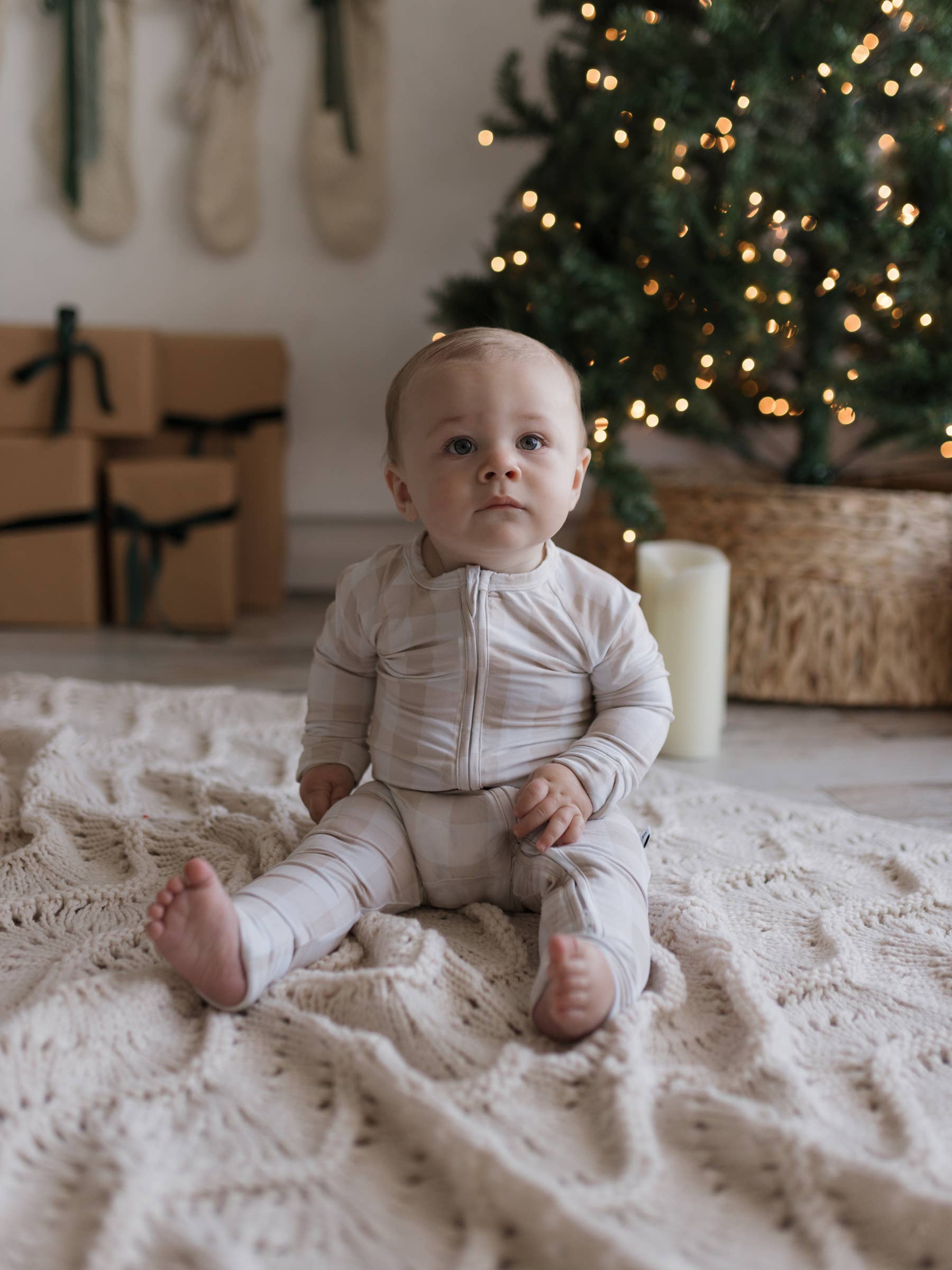 LMK Designs - Wholesale Jumpsuit - Baby - Tan Gingham Zipper Romper