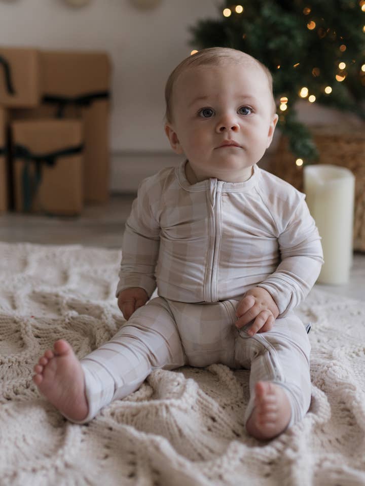 Tan Gingham Zipper Romper for wholesale by LMK Designs