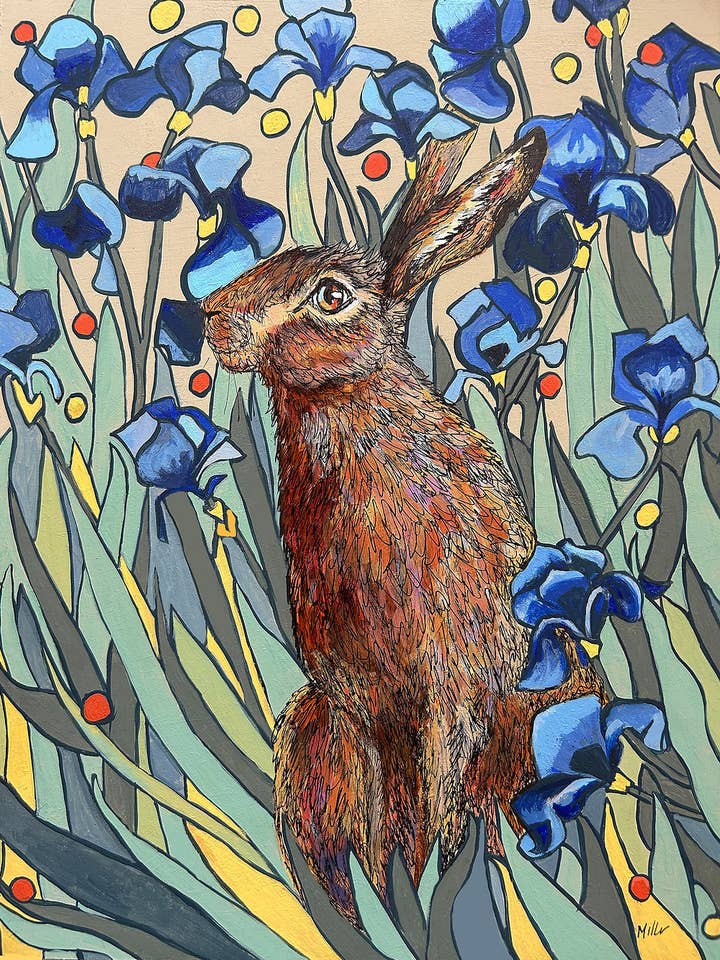 Stampa giclée con lepre e iris blu per la vendita all'ingrosso da parte di Between the Woods and Sea