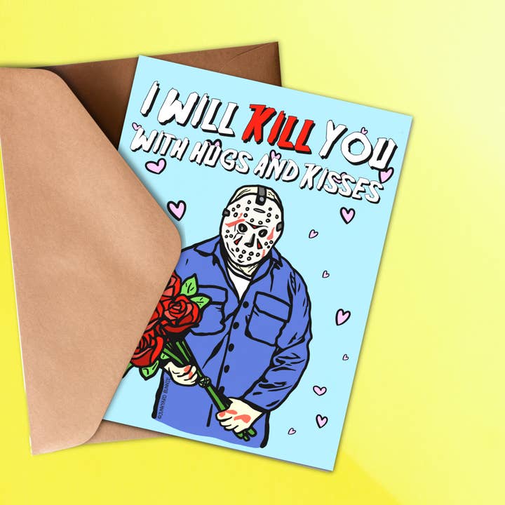 Kill You with Hugs and Kisses Greeting Card for wholesale by Junkyard Bunnie LLC