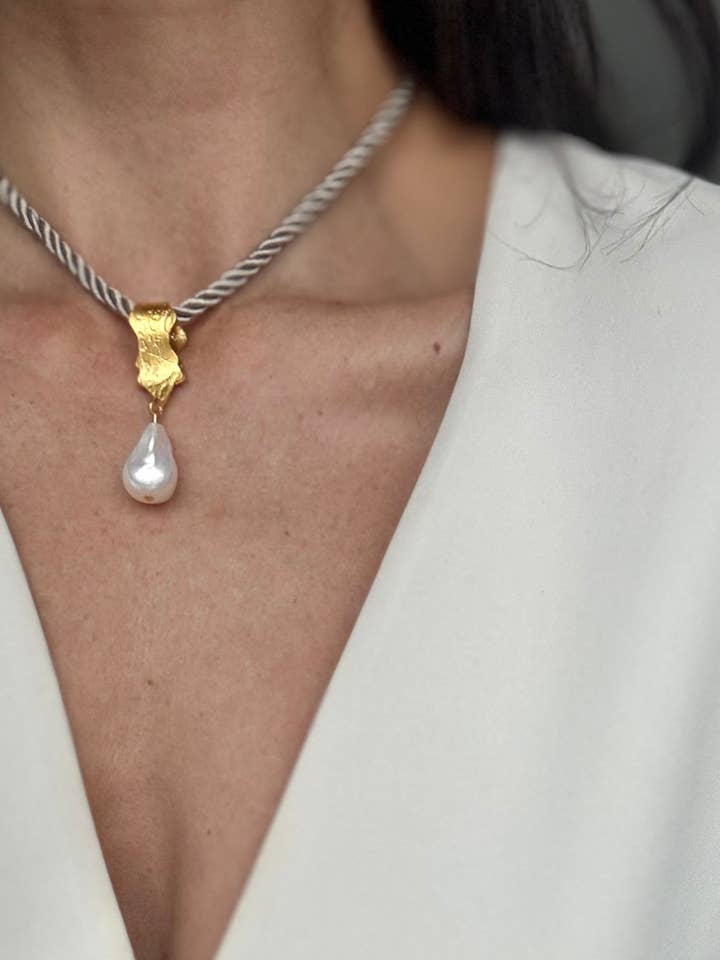 Grey Silk Braided Rope + Pearl Choker | 24k GP | Adjustable for wholesale by WILYMI Jewelry Co