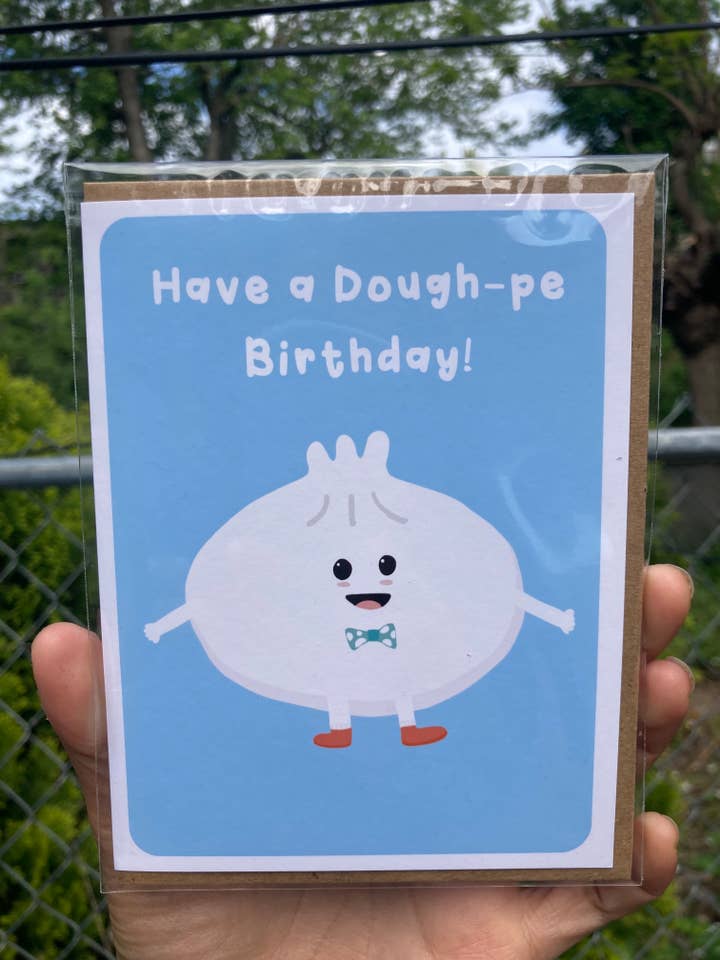 Dumpling Pun Greeting Card - "Have a Dough-pe Birthday!" for wholesale by Jenn L Design