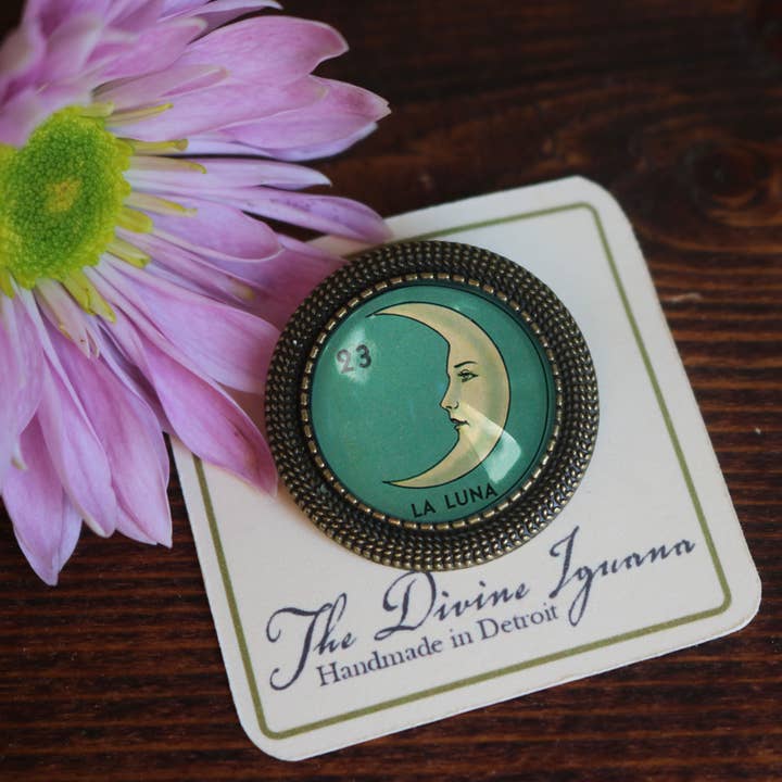 The Divine Iguana - Wholesale Brooch - Loteria La Luna Crescent Moon Glass Cabochon Brooch5