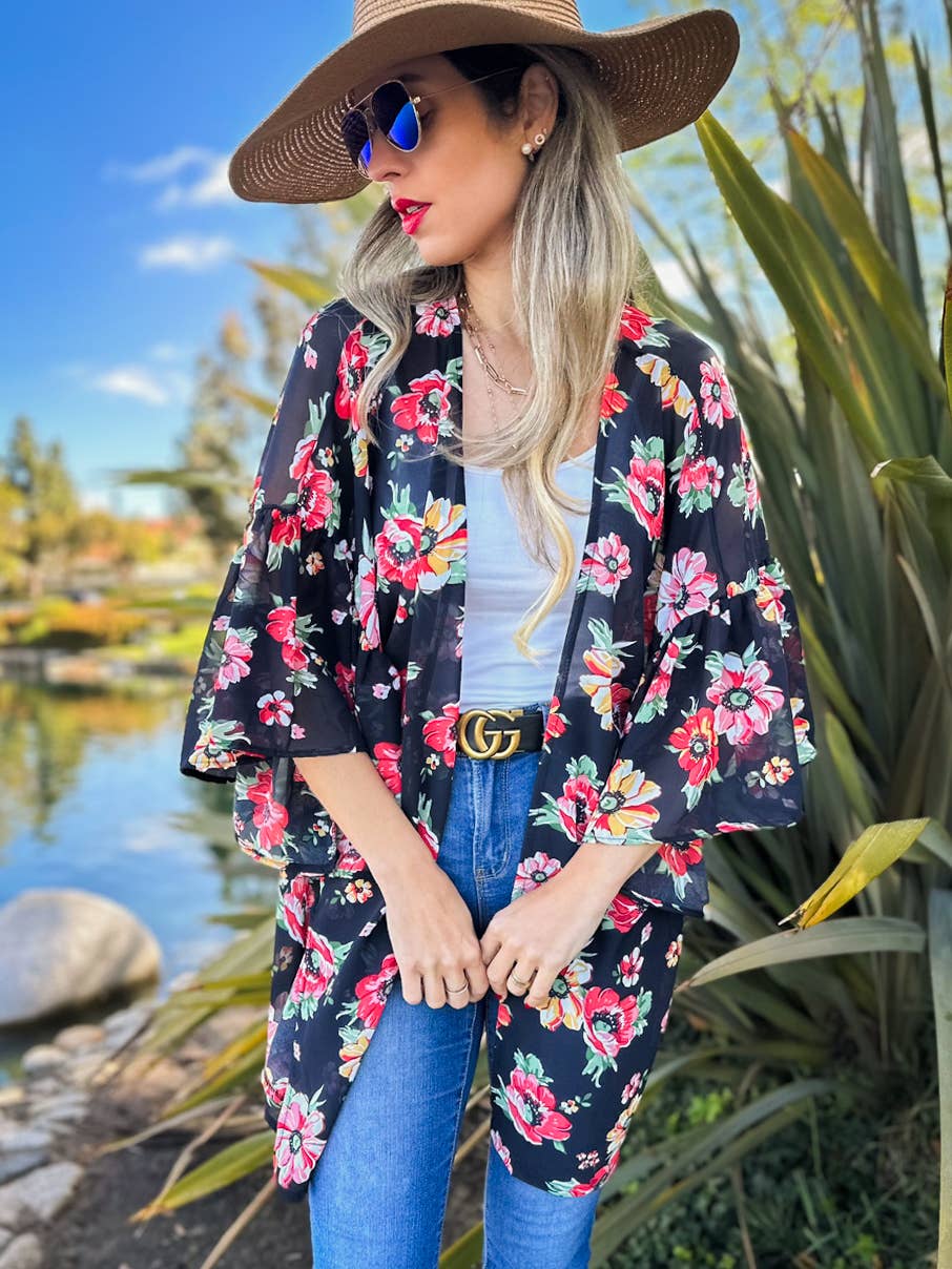 AMOLI – wholesale Kimono – Women's – Floral Printed Ruffled Sleeve Chiffon Kimono Cover-Up11
