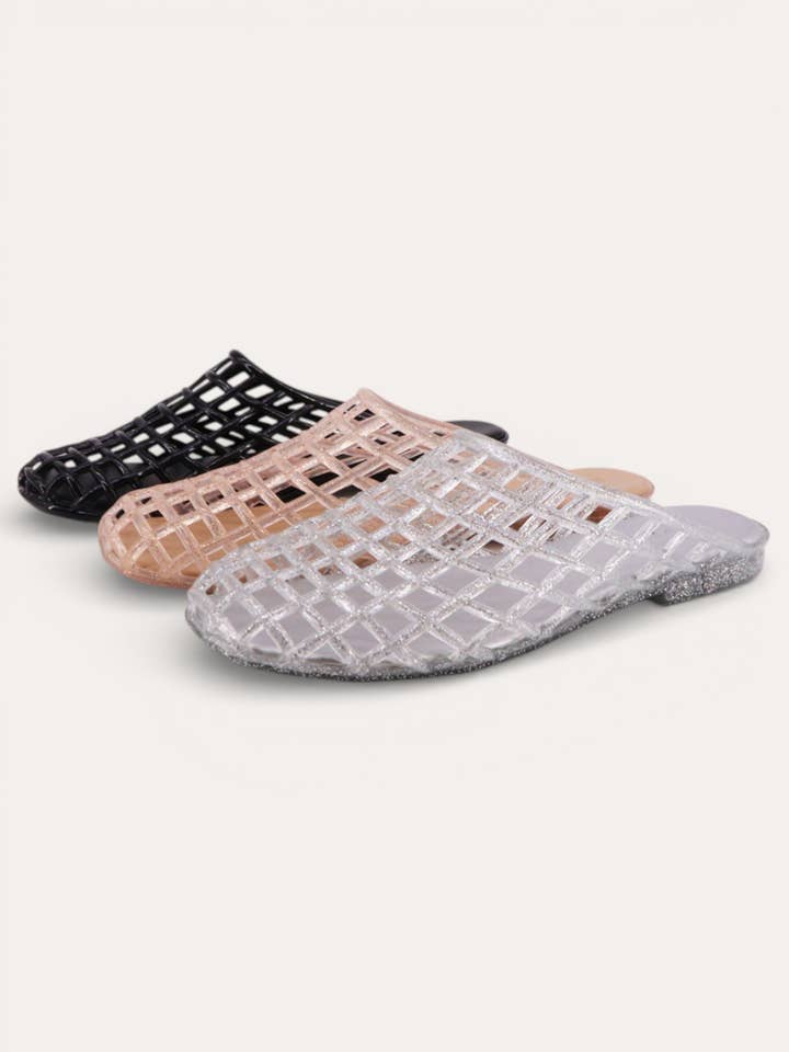 MISHA-01 MULES PLATES À ENFILER EN CAGE DE CAOUTCHOUC LUMINEUX GRILLE JELLY pour la vente par CCOCCI