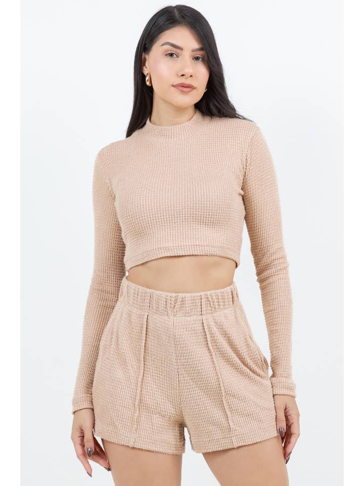 Veracci - Wholesale Lounge Set - Women's - Brushed Waffle Knit Long Sleeve Short Set