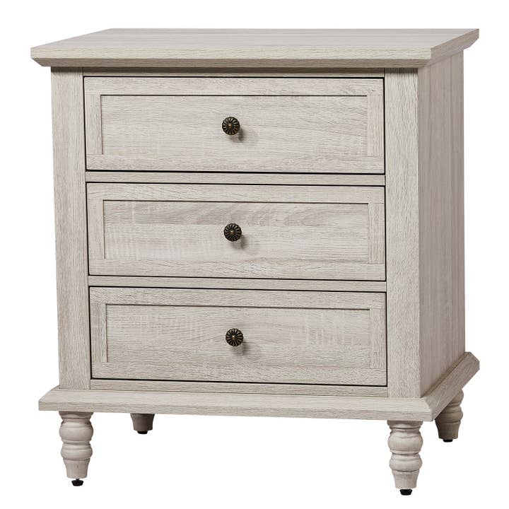 Paris Loft Inc - Wholesale Cabinet - Vintage White Three Drawer Solid Wood Leg Bedside Table15
