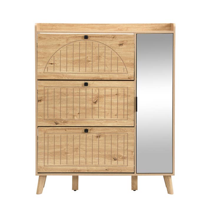 Mueble zapatero efecto madera con espejo 3 puertas abatibles diseño escandinavo REEFELLIPSE para venta al por mayor de Urban Meuble