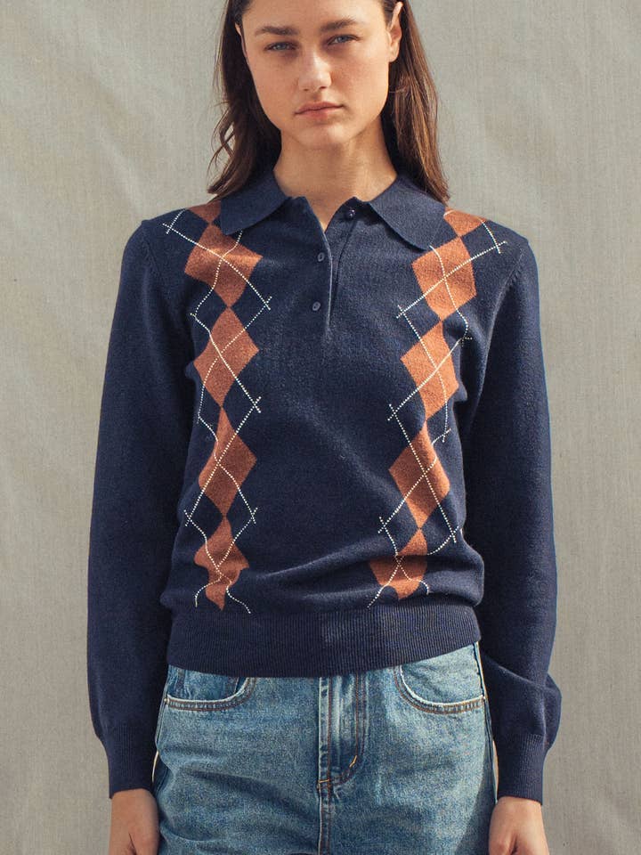 Urban Daizy - Vente Pull en maille – femme - Pull Polo Tricoté à Motif Argyle Classique12