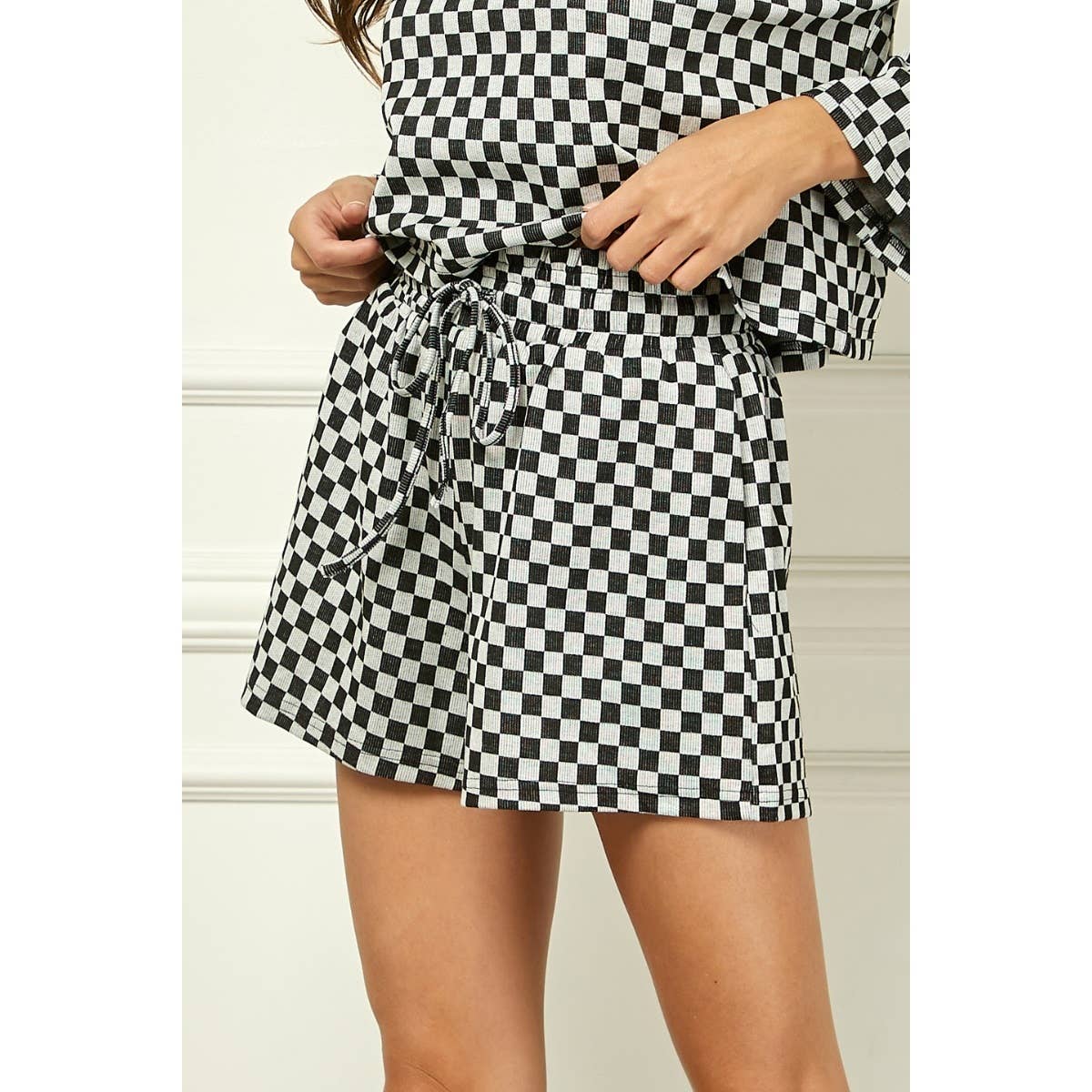 Veveret - Vente Short – femme - Short à cordon en jersey à carreaux 4