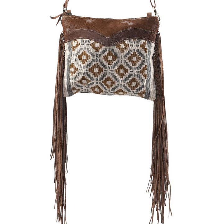 Clea Ray Canvas Bags & Clothing - Wholesale Crossbody Bag - Women's - Brown and Blue Crossbody With Fringe Fur and Canvas1