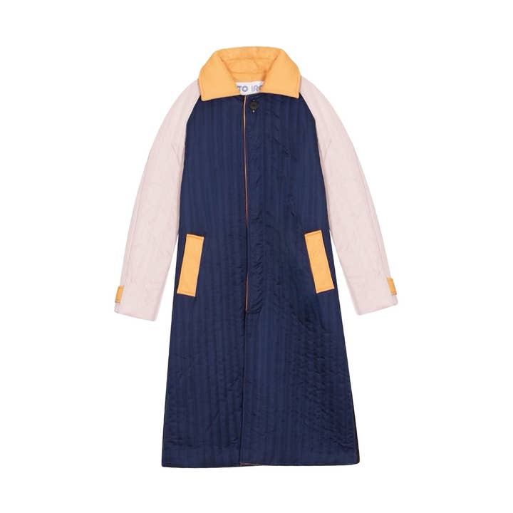 Navy Orange Patchwork Colour Block Quilt Long Jacket for wholesale by London Atelier Byproduct
