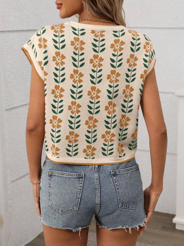 Lovesoft - Wholesale Knit Sweater - Women's - Retro Floral Knit Crop Top Short Sleeve Vintage Pullover Tee
