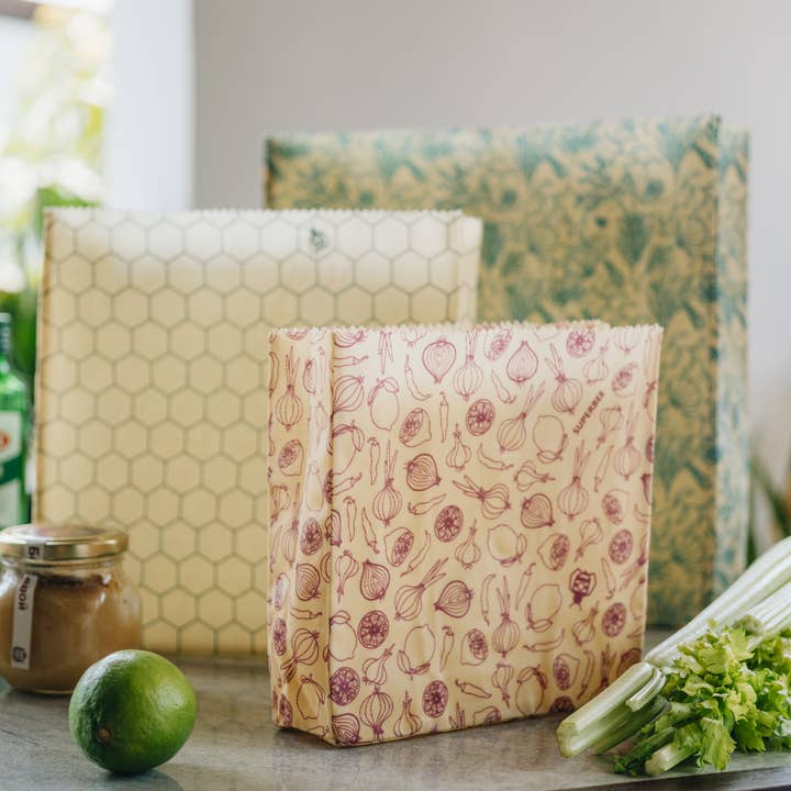 SuperBee - Eco Living Made Easy – Großhandel Verpackung/Beutel zur Aufbewahrung von Lebensmitteln – Bienenwachstuch Brotbeutel Set - S, M, L
