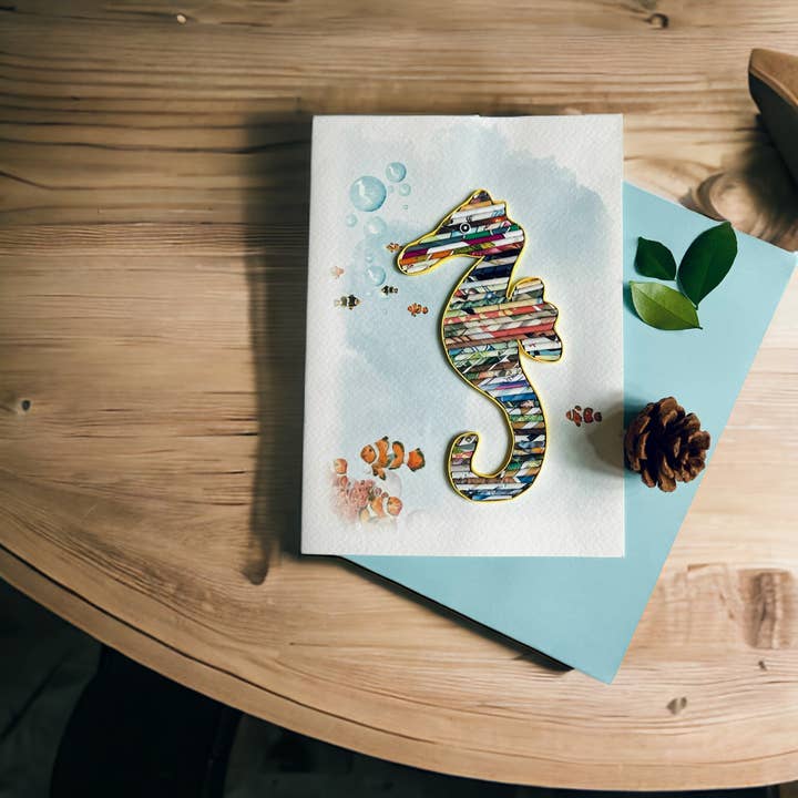 Loving Nature - Wholesale Everyday Greeting Card - Rolled Paper Seahorse Card Handmade from Recycled Magazine