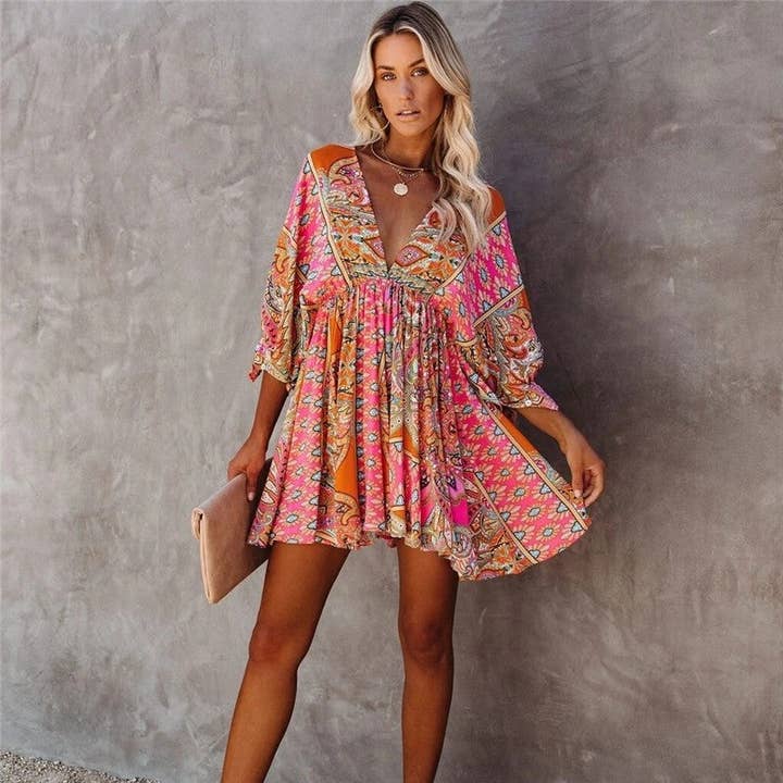 Red Stylish V-Neck Belted Print Dress for wholesale on Faire0