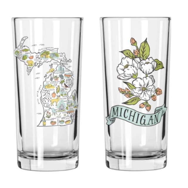 Illustrated Michigan Map 15oz Glass for wholesale by City Bird