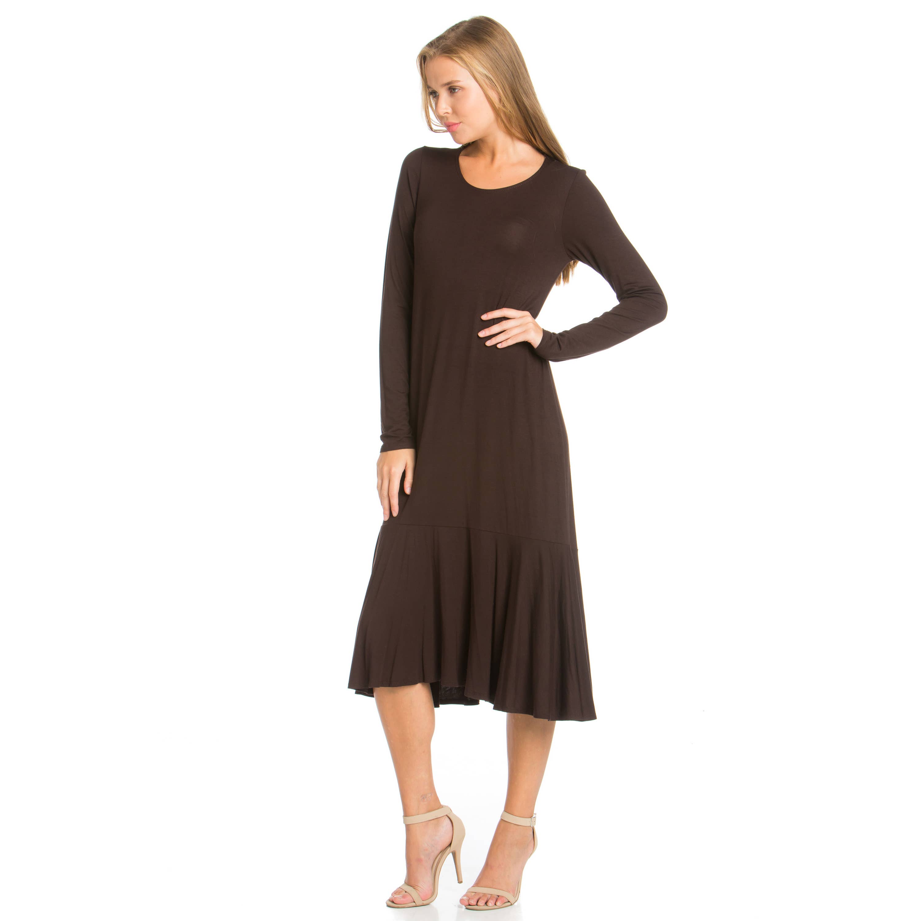 Azules Clothing - Wholesale Dress - Women's - ADM-8258RS Ruffle Hem Long Sleeve Midi Dress11